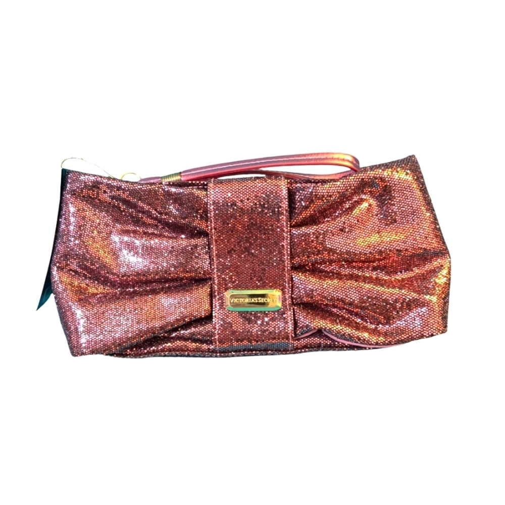 NWT Victoria's Secret Hot Pink Sparkly Clutch Purse Cosmetic Wristlet Bow Bag
